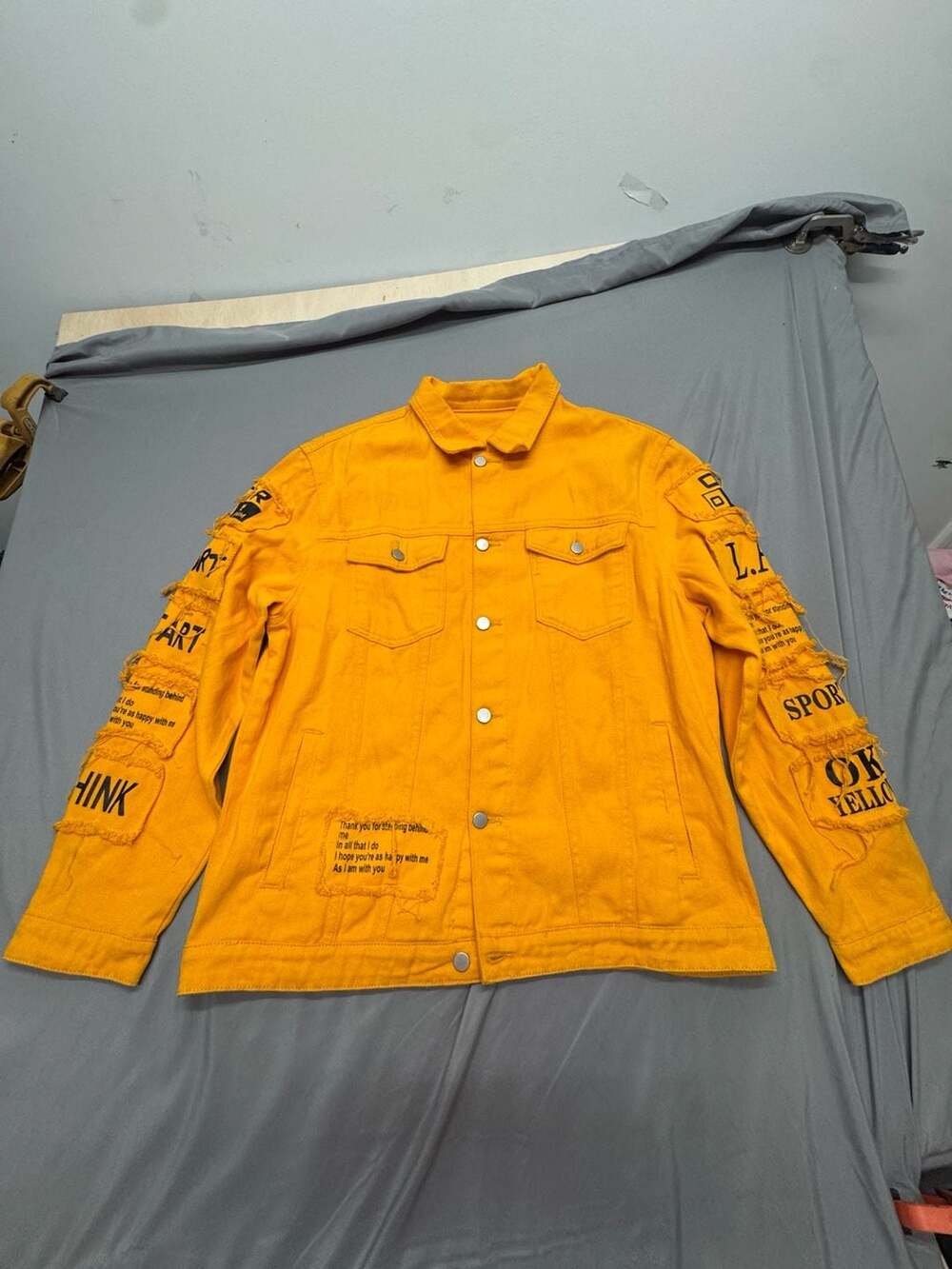 SHEIN Denim Jacket Size XXL Yellow Graphic Streetwear Distressed Slogan